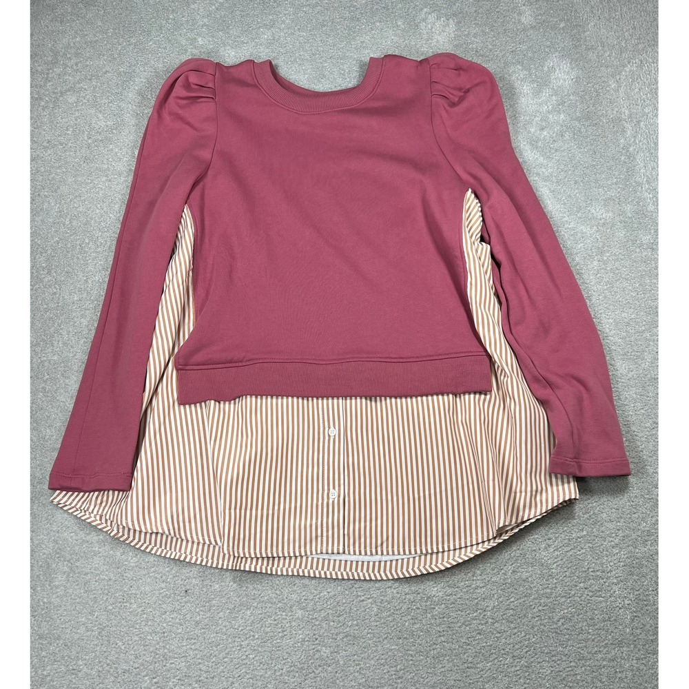 Maeve Anthropologie Mixed Media Puff Sleeve Striped Layered Sweatshirt XL Mauve - Picture 2 of 10